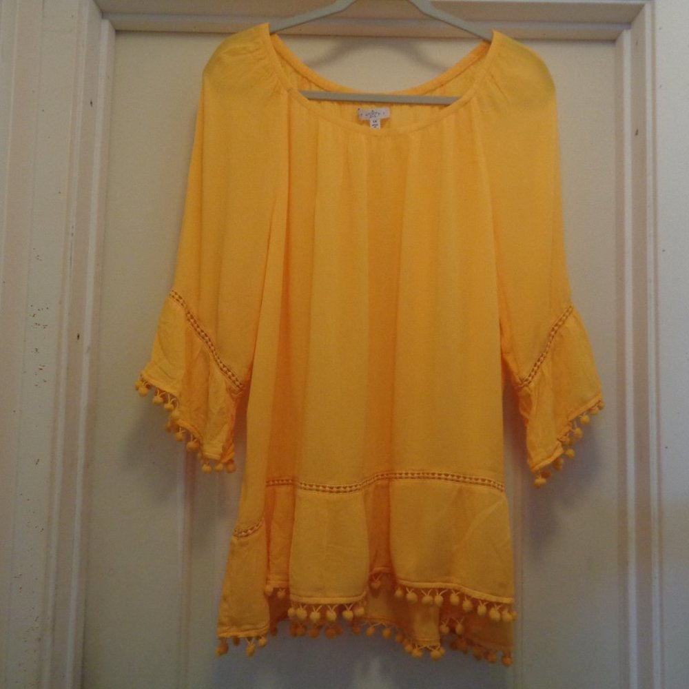 SOUTH OF THE BORDER FEVER 1X TANGERINE BOHO RAYON LOOSE W POMS POMS BLOU…